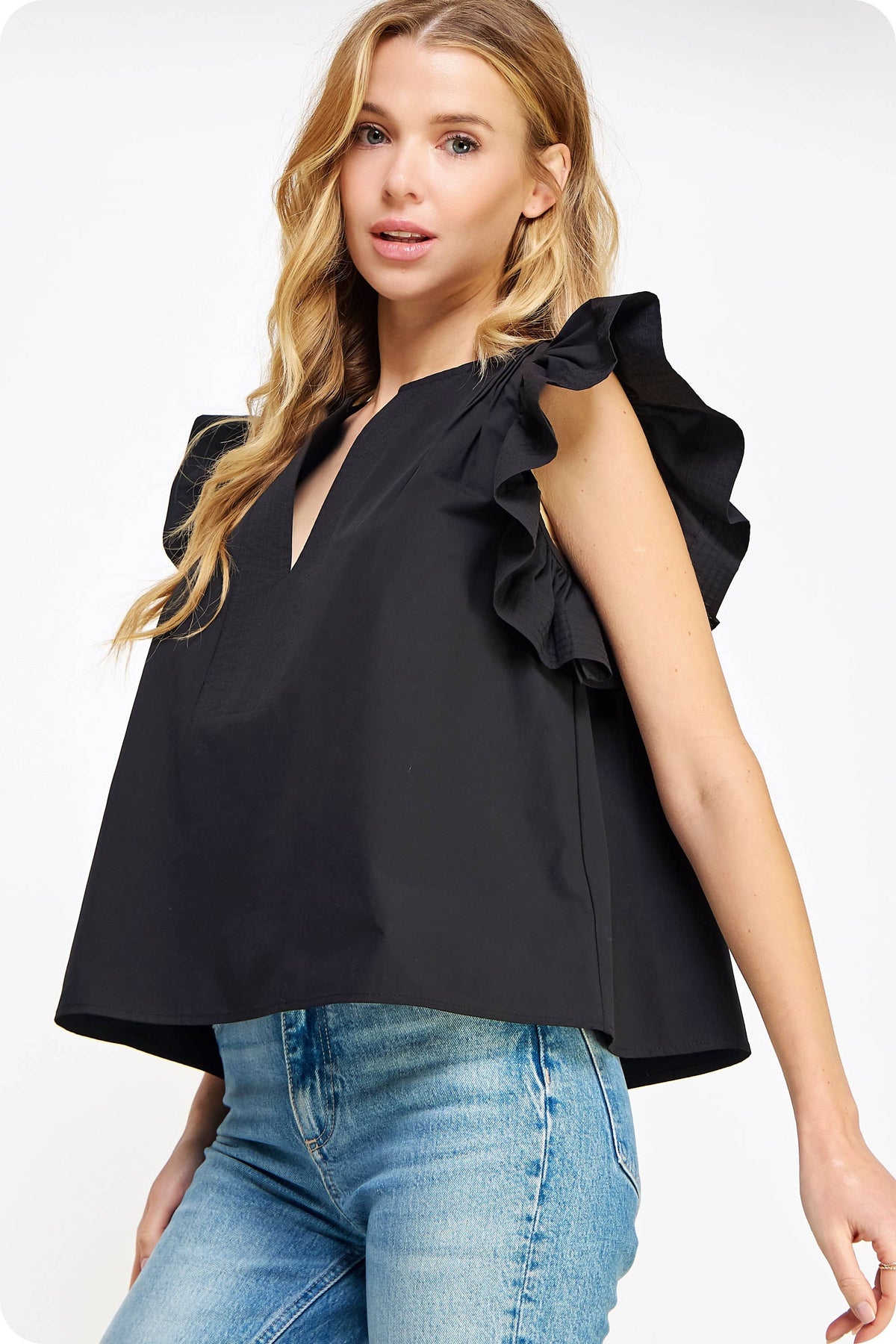 flutter ruffle sleeve poplin top