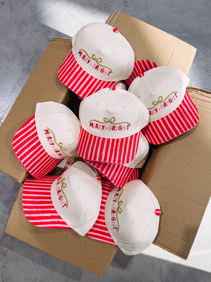 merry + bright trucker hat - cream / red / pink
