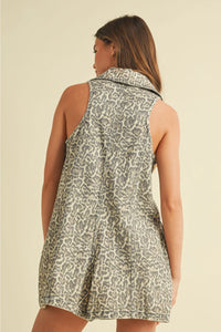 leopard oversized collar denim romper