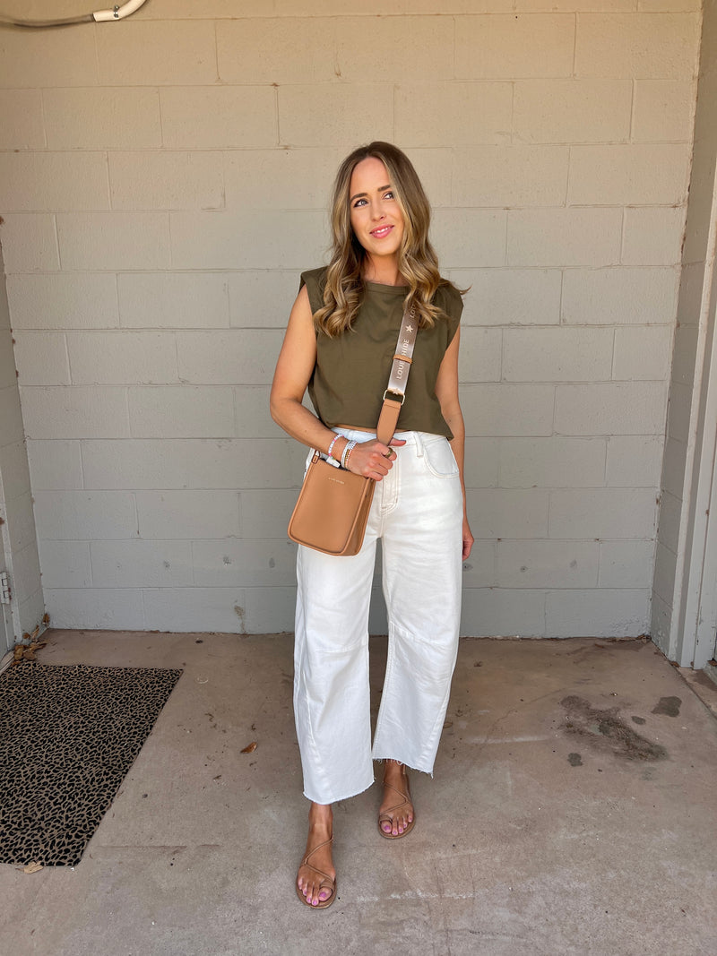 sleeveless power shoulder top