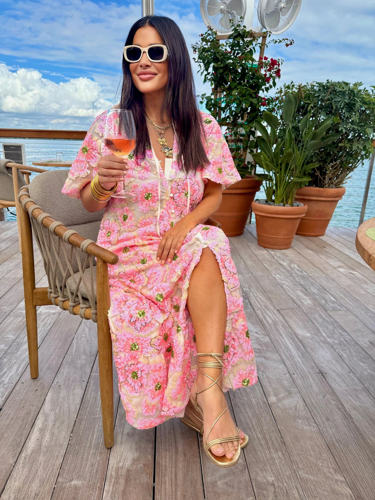 talulah pink blossom sequin maxi dress