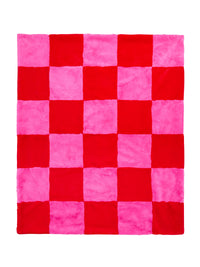 pink + red check faux fur blanket
