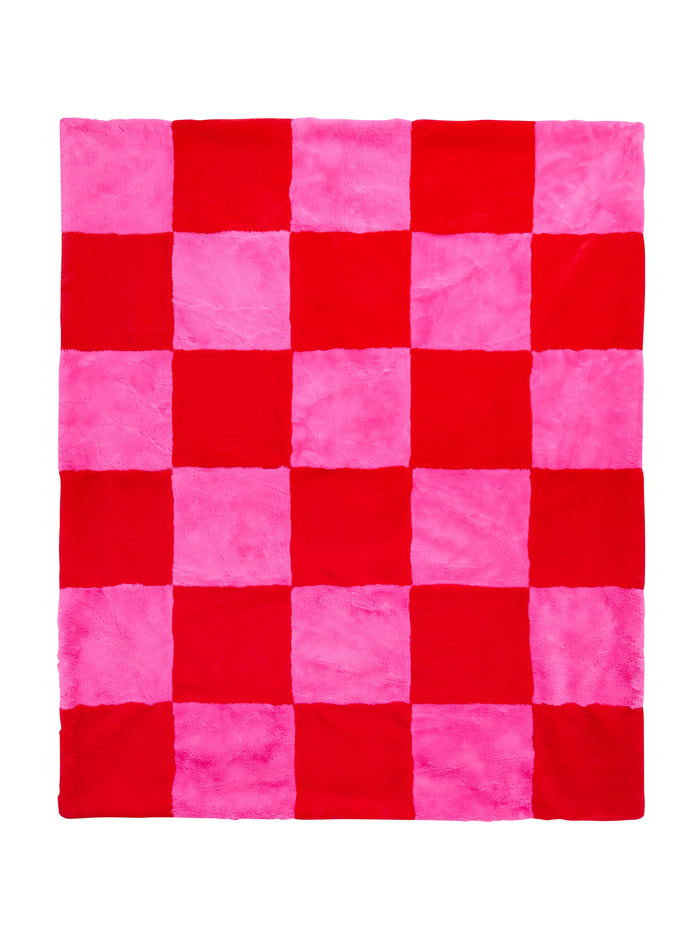 pink + red check faux fur blanket
