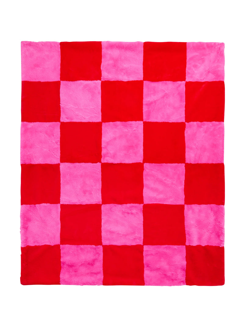 pink + red check faux fur blanket