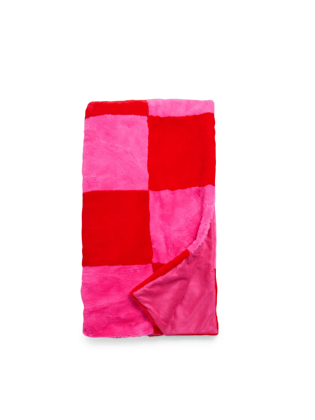 pink + red check faux fur blanket