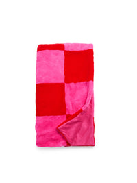 pink + red check faux fur blanket