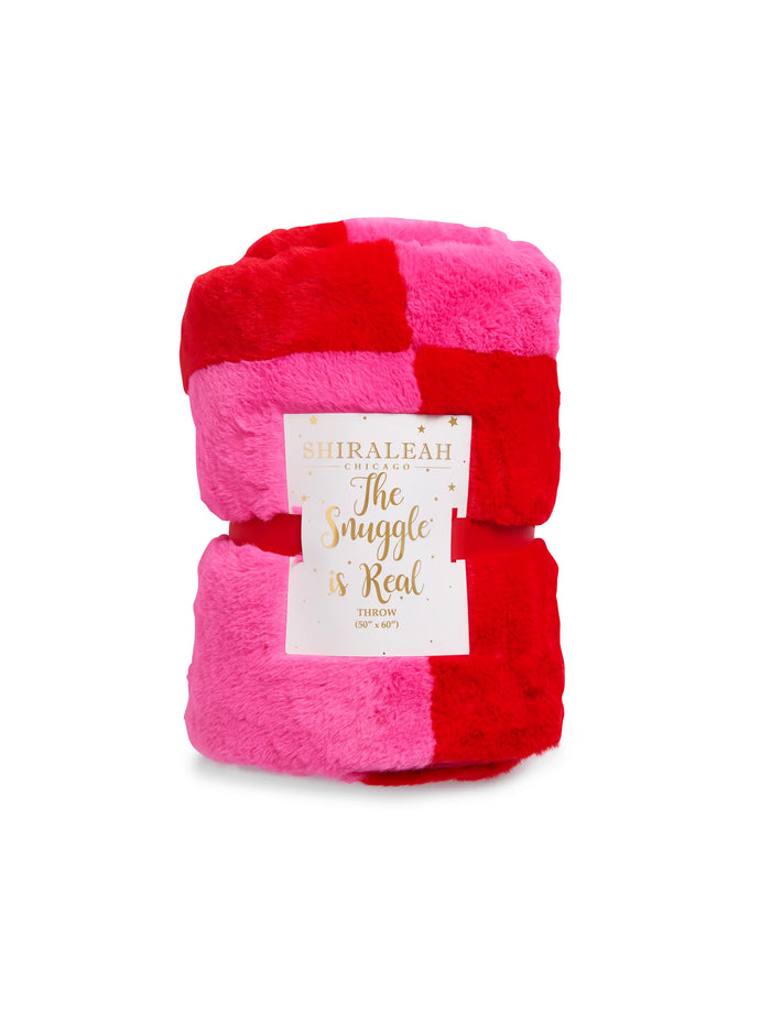 pink + red check faux fur blanket