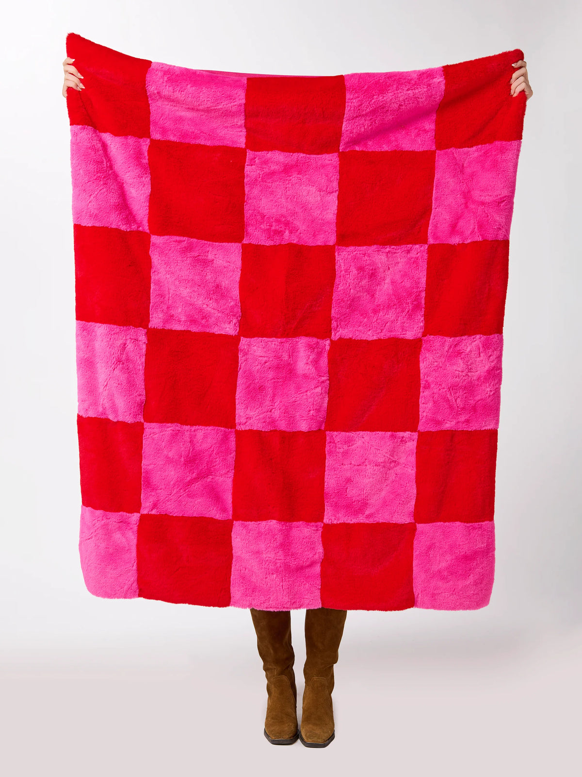 pink + red check faux fur blanket