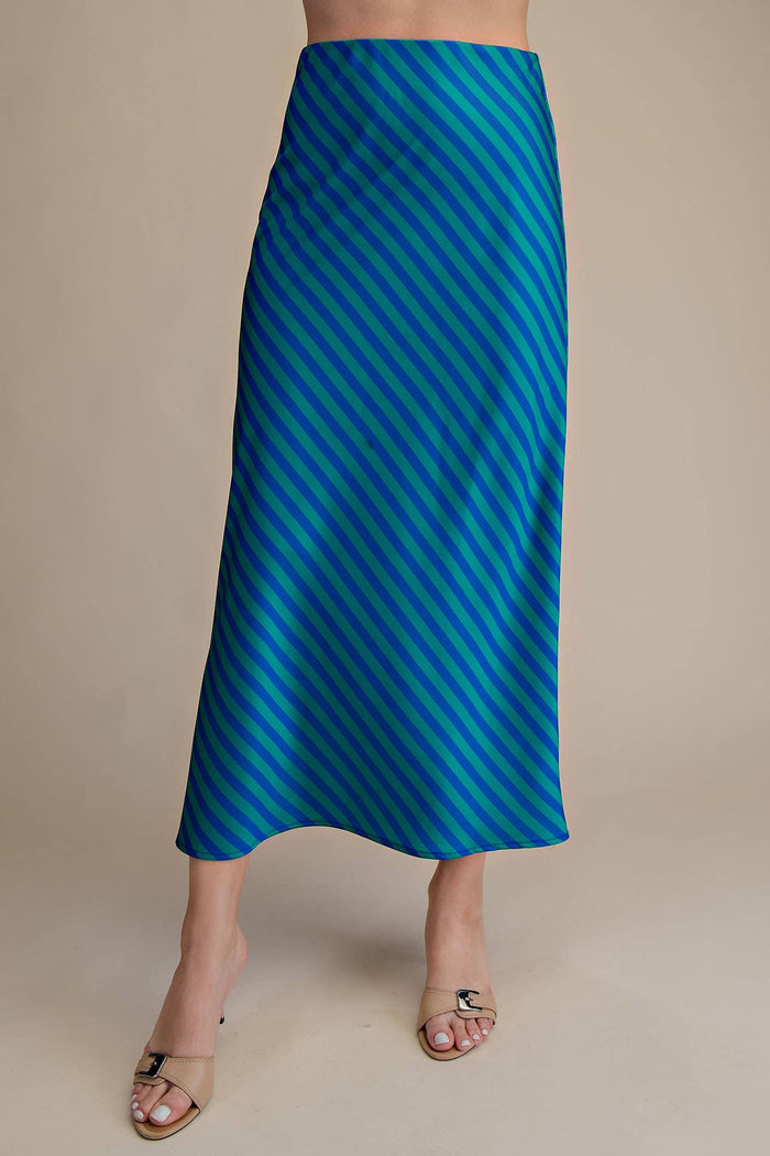contrast stripe satin midi skirt