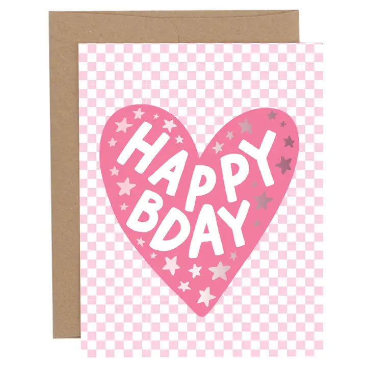 checkered pink heart bday greeting card