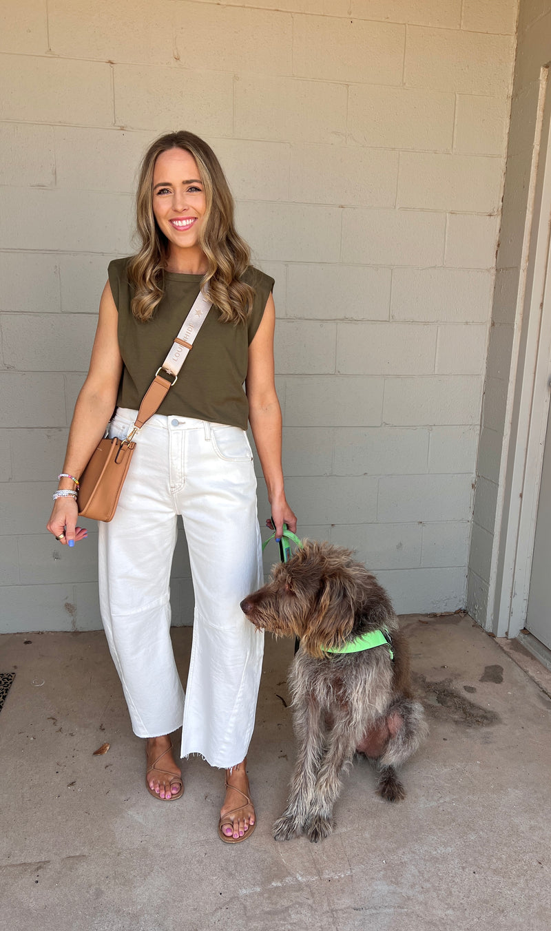 sleeveless power shoulder top