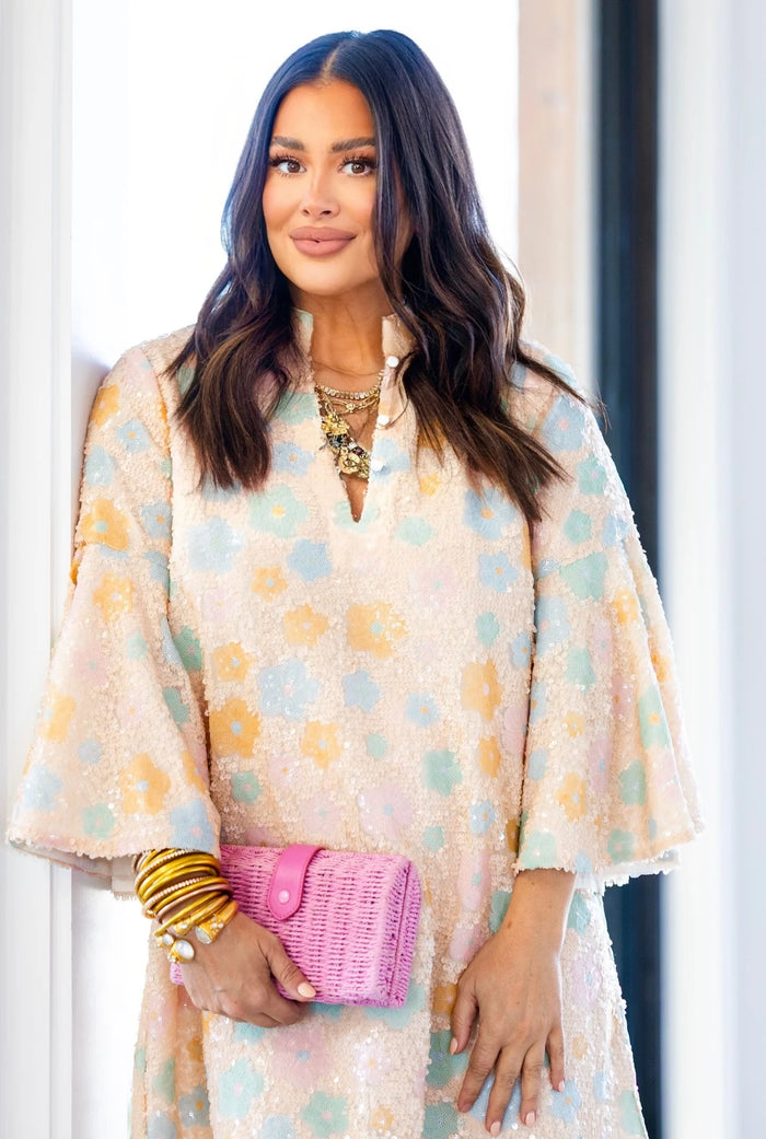 wren pastel sequin mini caftan dress