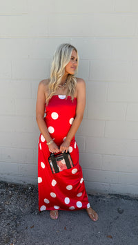 just in time polka dot satin midi
