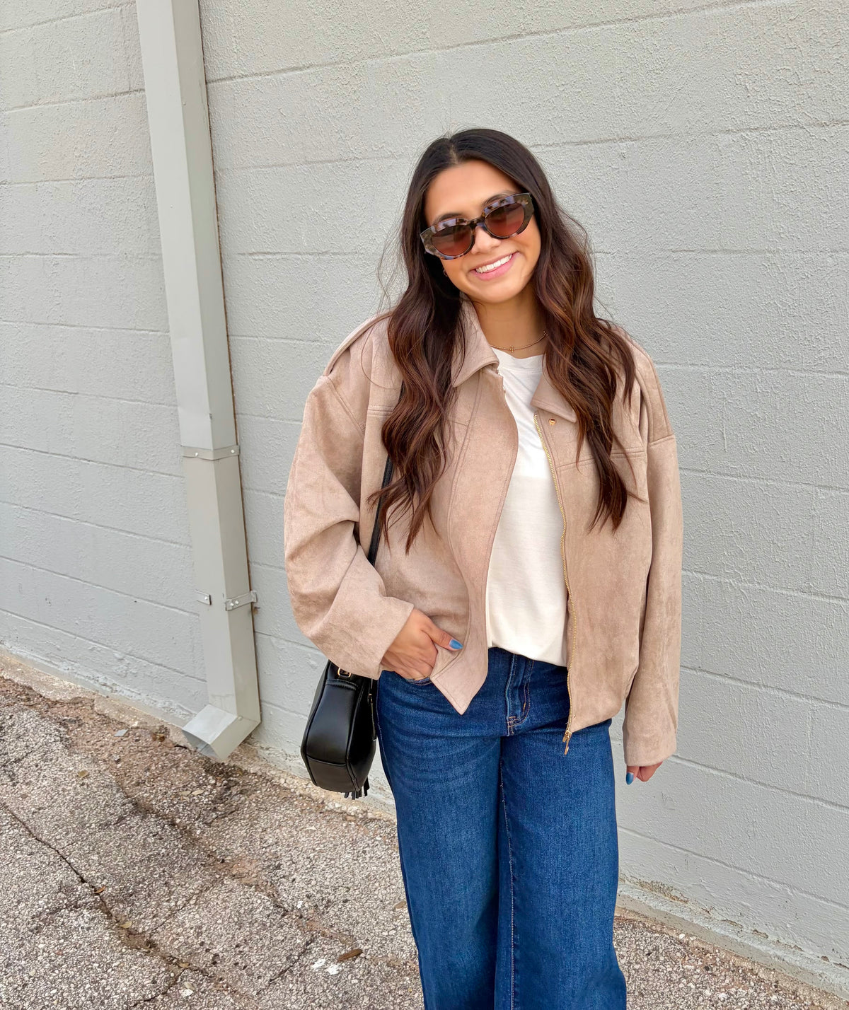 just so you know suede high-collar jacket