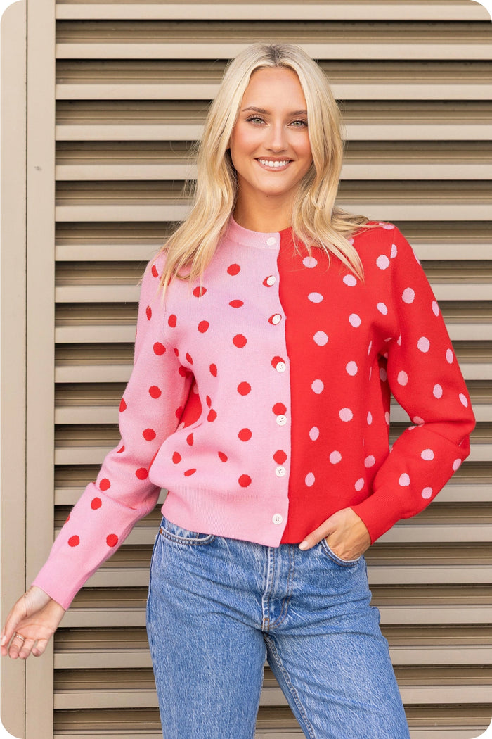 halfsies polka dot cardigan