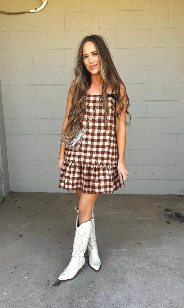 happy to be here tweed mini dress