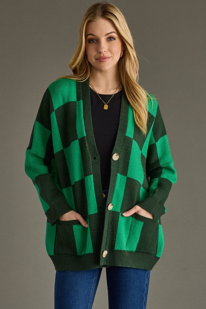 fireside feels checkered cardigan