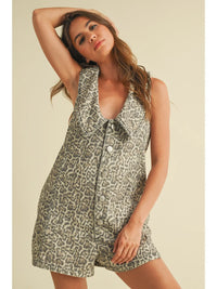 leopard oversized collar denim romper
