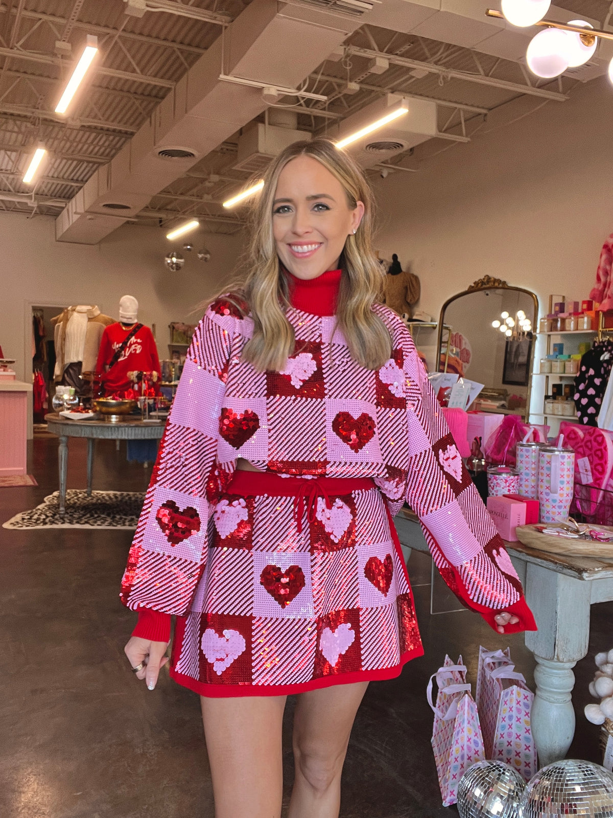 sequin hearts plaid sweater