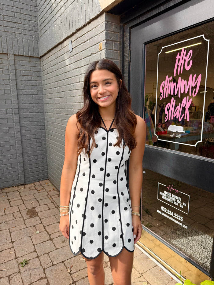 seeing spots scalloped edge halter dress