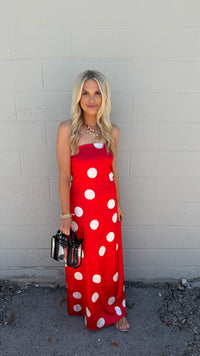 just in time polka dot satin midi