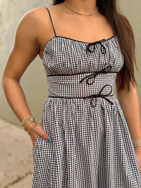 frolic around gingham midi dress