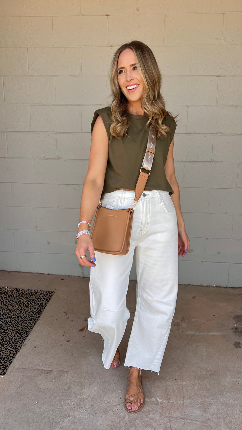 sleeveless power shoulder top