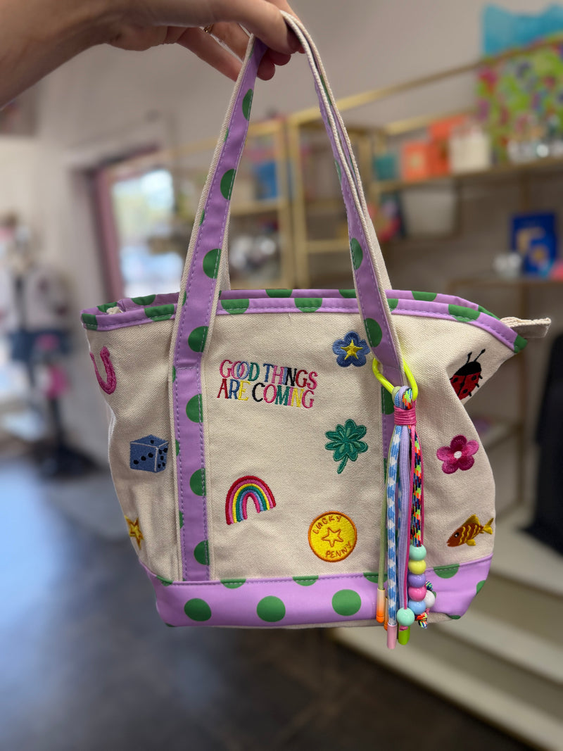 good things embroidered canvas crossbody bag