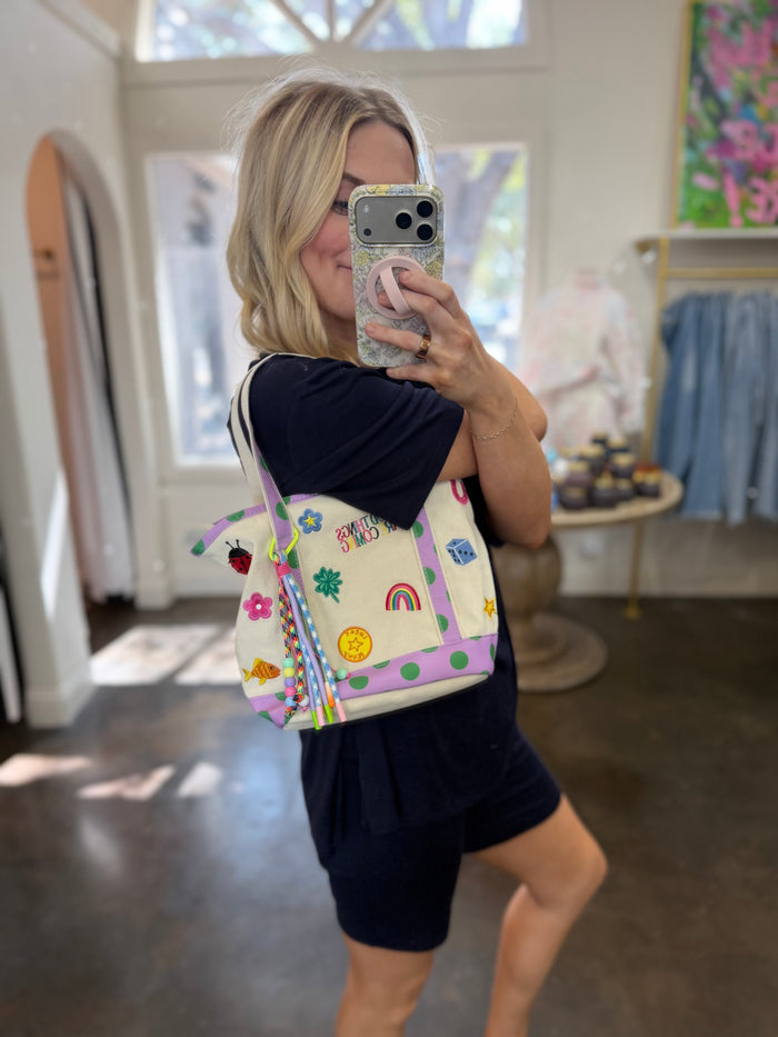 good things embroidered canvas crossbody bag