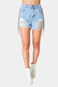 raven rhinestone denim shorts