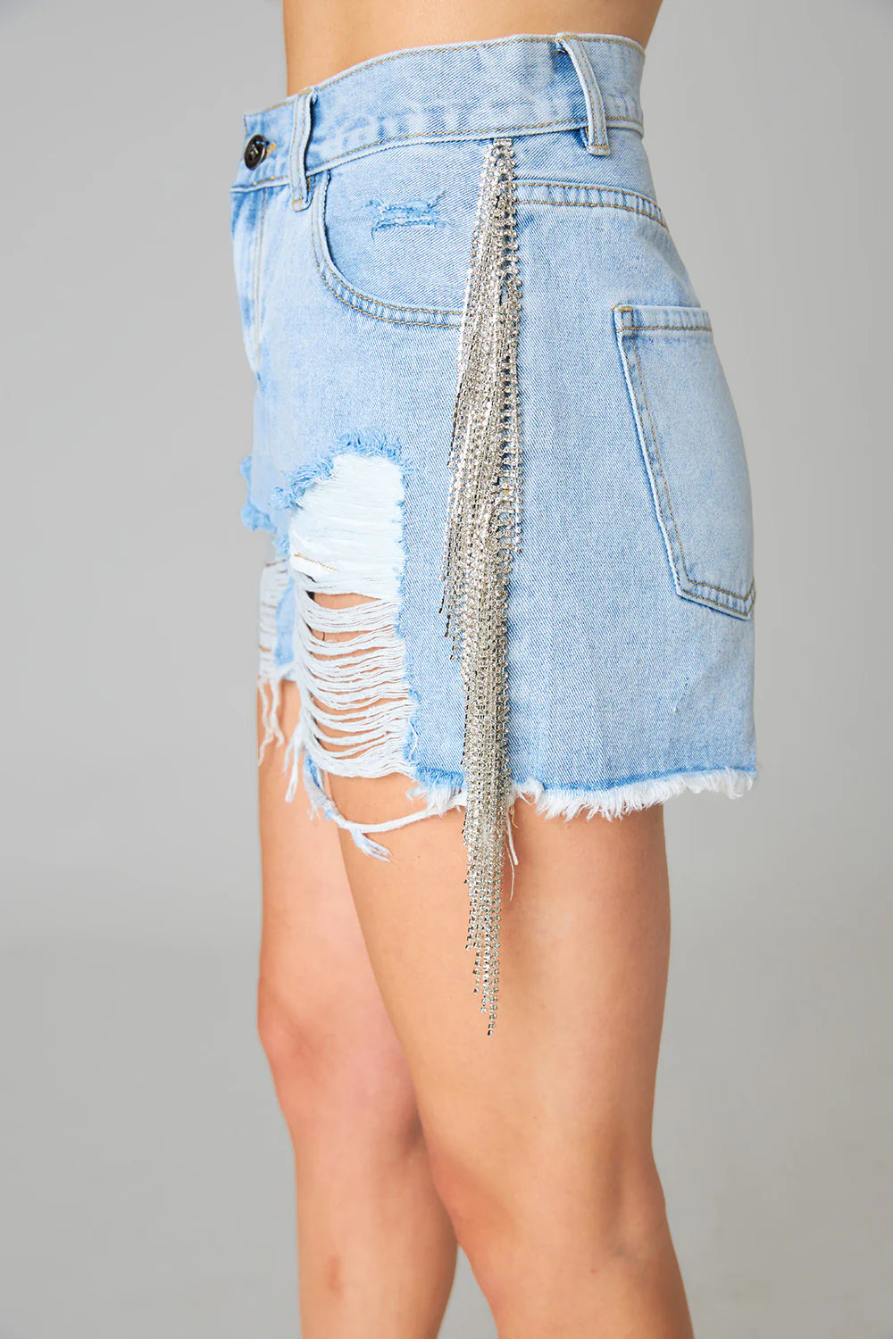 raven rhinestone denim shorts
