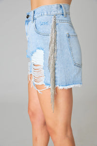 raven rhinestone denim shorts
