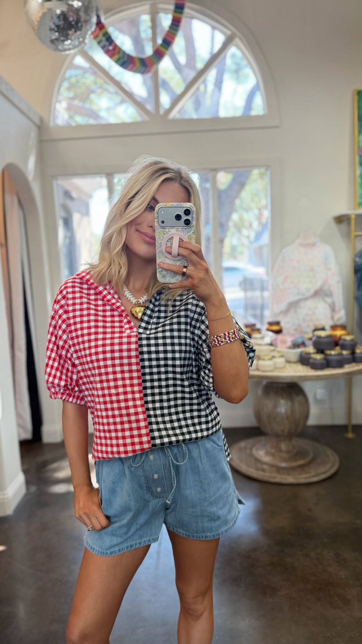 sloan gingham red & black top