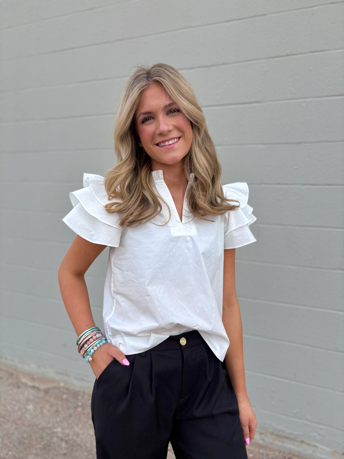 ruffled up white top