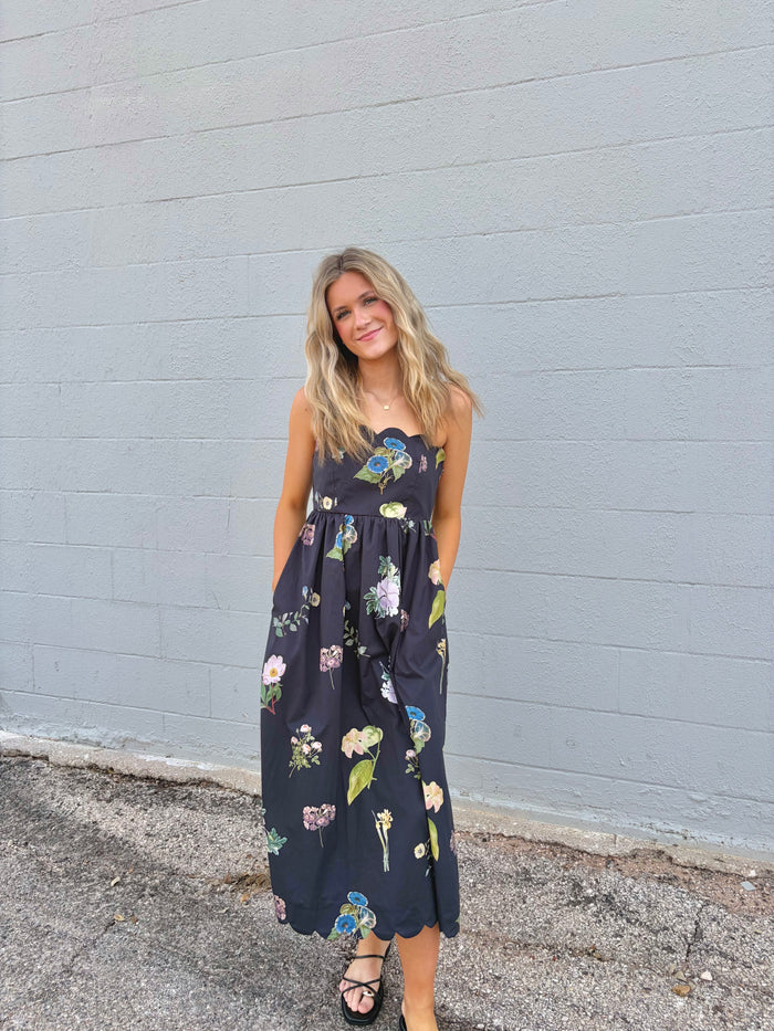 safe to say scalloped trip midi dress