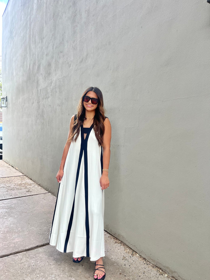 white modern stripe maxi dress