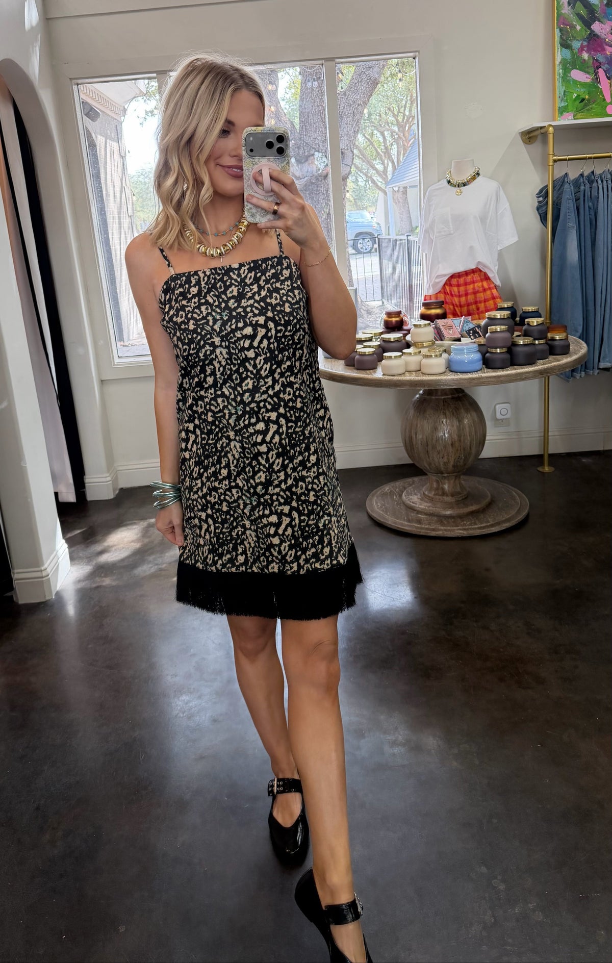 spotted fringe trim mini dress
