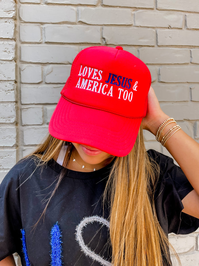loves Jesus and America trucker hat