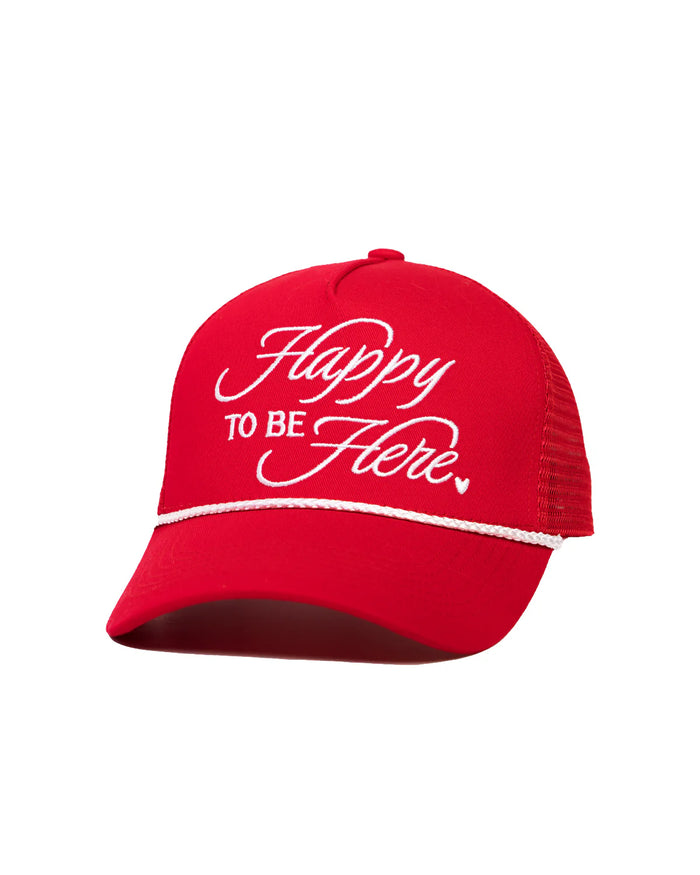 happy to be here mesh trucker hat