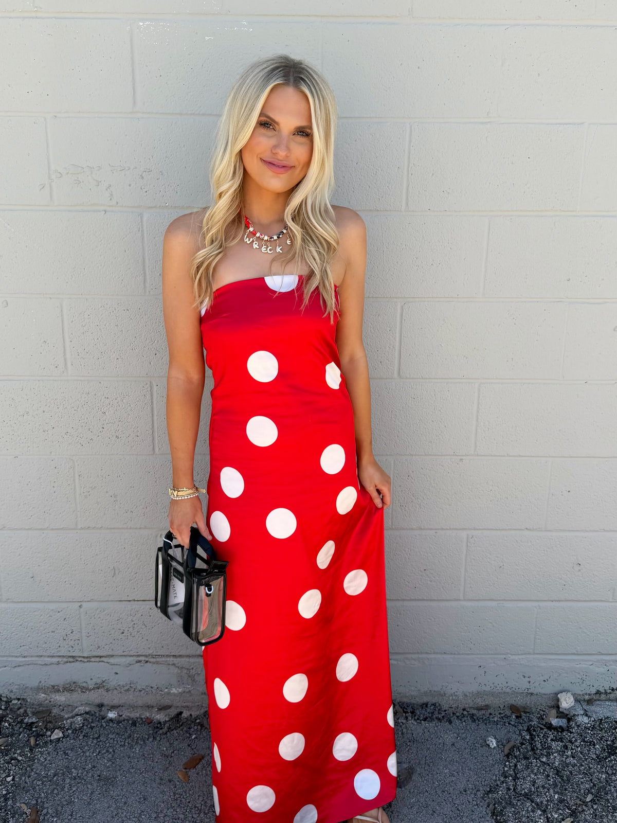 just in time polka dot satin midi