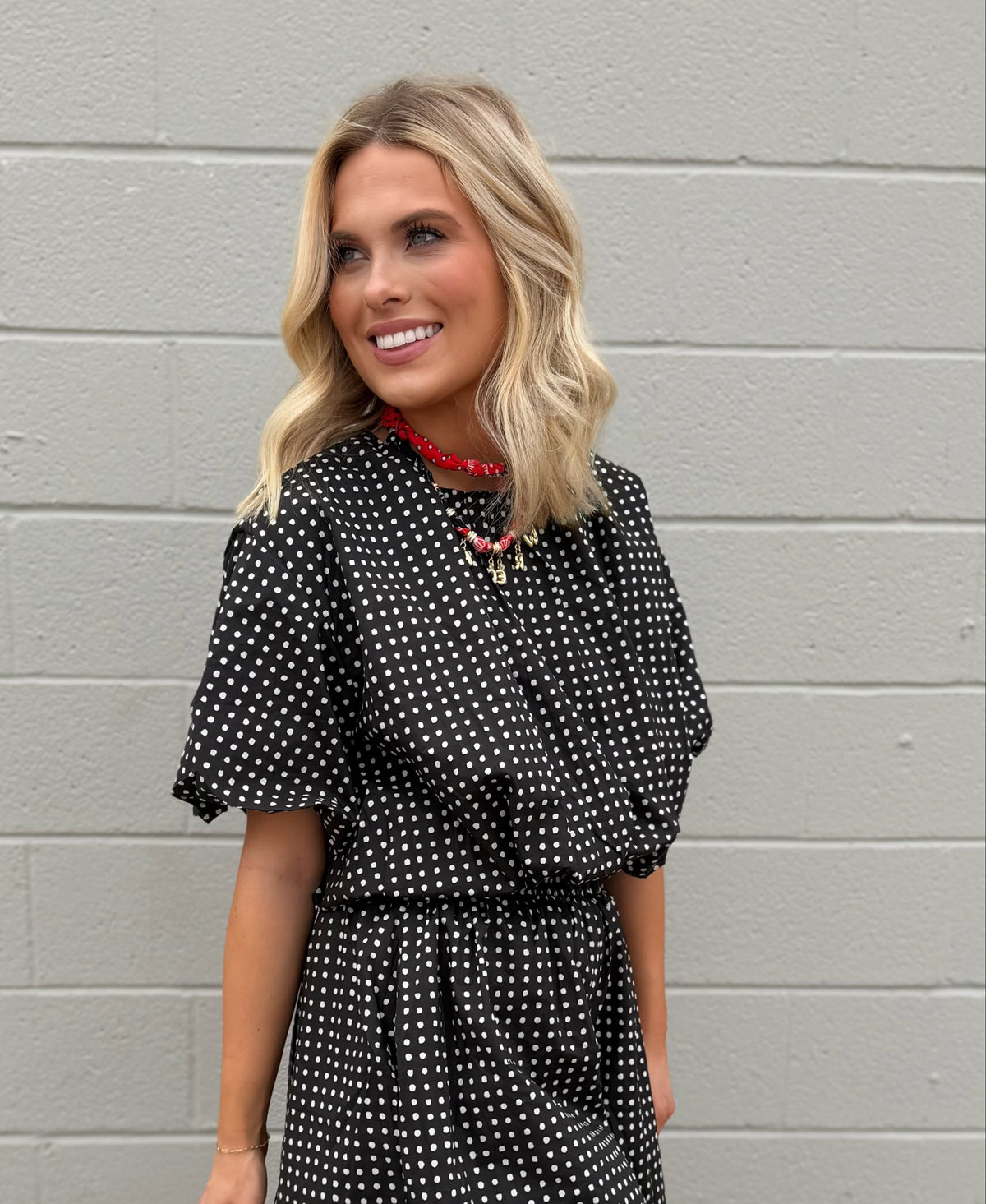 in a moment cropped polka dot top