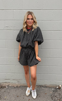 in a moment cropped polka dot top