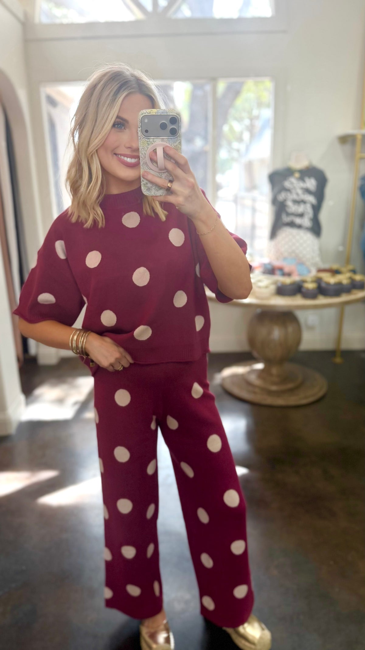 merlot mood polka dot pants