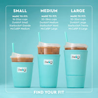 Three turquoise Swig cups of different sizes with drink illustrations on a light blue background.