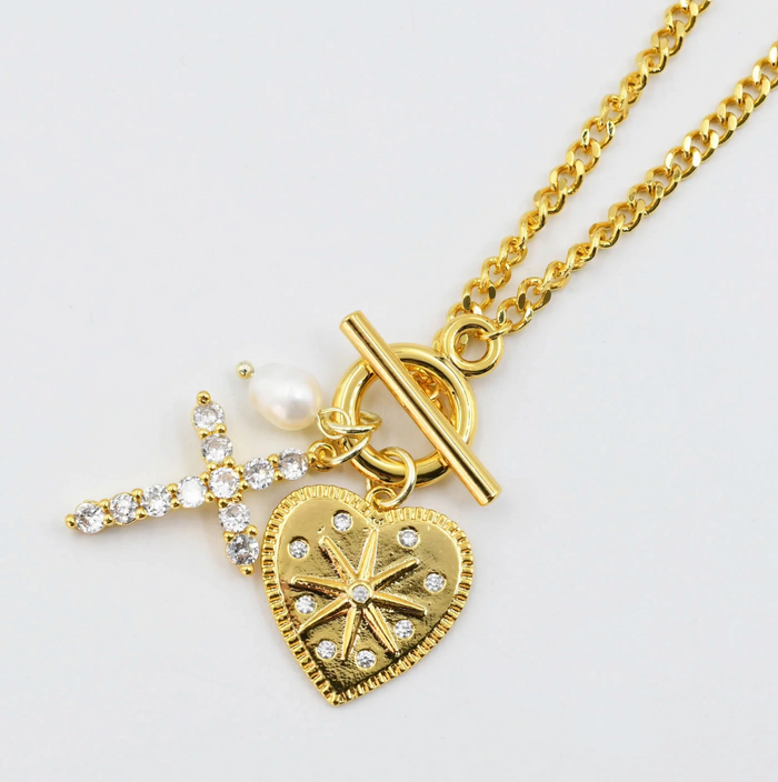 crystal heart cross charm necklace