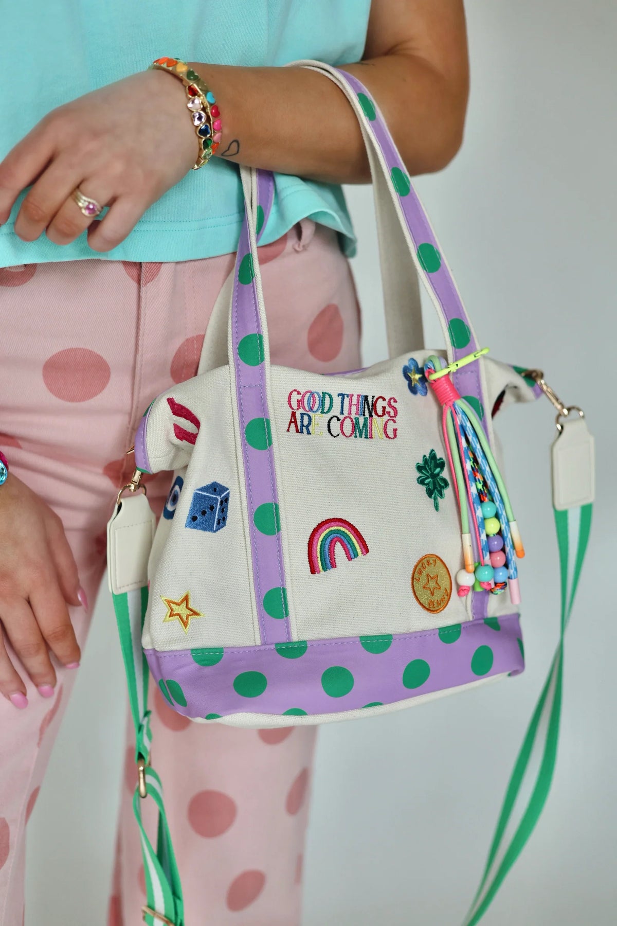 good things embroidered canvas crossbody bag