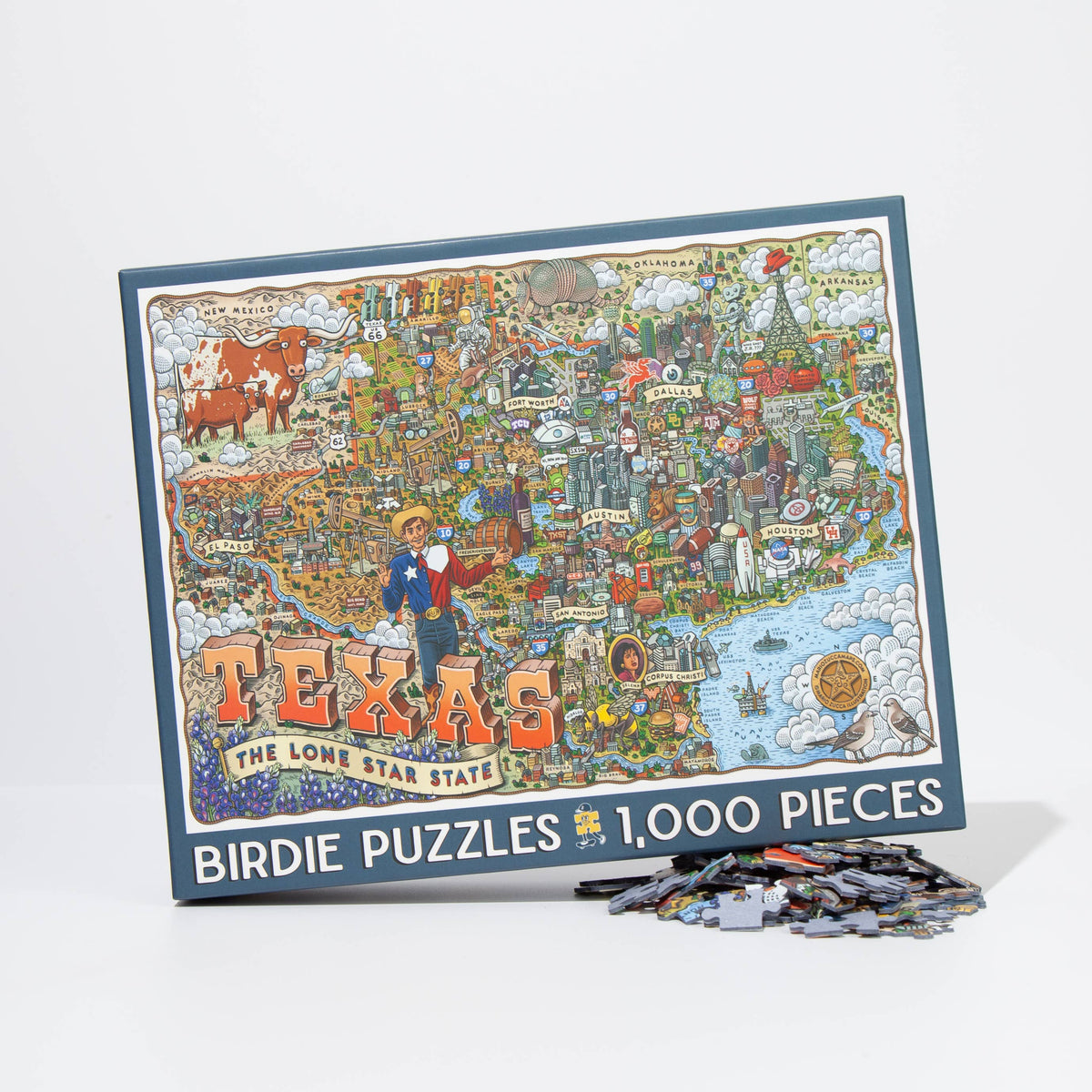 Jigsaw puzzle box featuring a colorful map of Texas with puzzle pieces on a white background