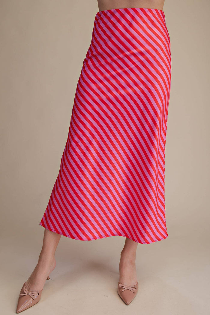 contrast stripe satin midi skirt