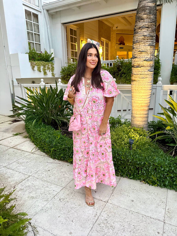 talulah pink blossom sequin maxi dress