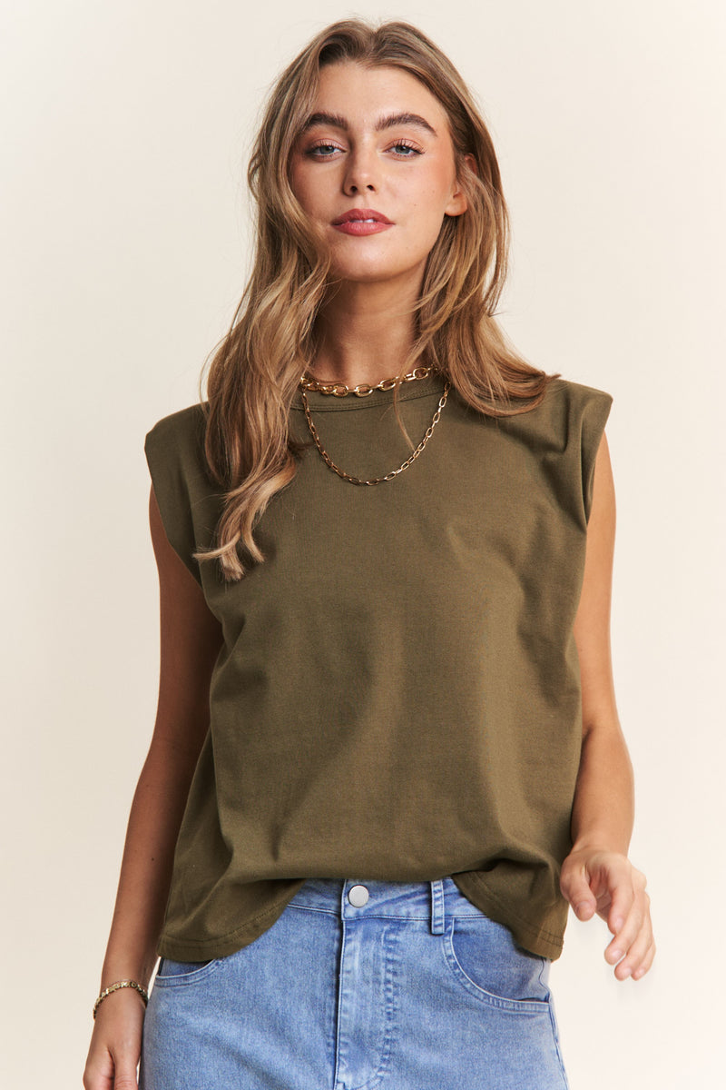 sleeveless power shoulder top